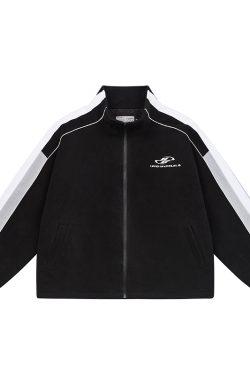 Retro Color-Blocking Stand-Up Collar Jacket - Padded Fleece Cotton Coat for Sporty Chic Style