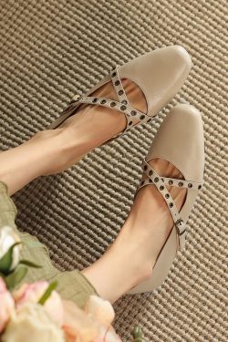 Retro Cross Strap Mary Jane Shoes for Women - Flat Square Toe, Shallow Mouth, Genuine Leather Soft Sole, Size 40