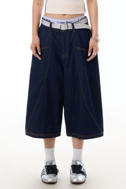 Retro Denim Blue Wide-Leg Three-Quarter Jeans for Women with Deconstructed Stitching, Casual Y2K Style Shorts