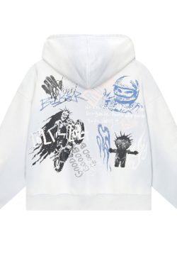 Retro Distressed White Printed Heavyweight Oversized Short Hoodie - Skin-Friendly 90s Style Streetwear