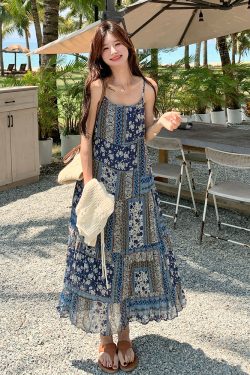 Retro Ethnic Printed Camisole Dress Set with Hollow-Out Cardigan - 2025 Summer Women's Two-Piece Vacation Outfit