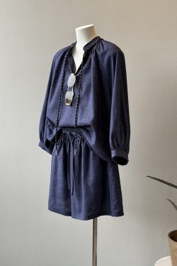 Retro Ethnic Style Drawstring Linen Shirt Set for Women, 2025 Summer Wide-Leg Pants & Shorts Two-Piece Outfit