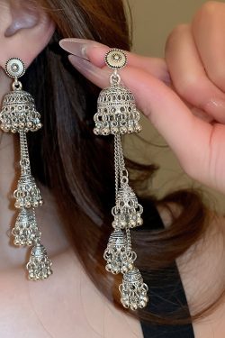 Retro Ethnic Style Oval Bell Earrings with Long Tassel, High-End Versatile Ear Studs for a Chic Look