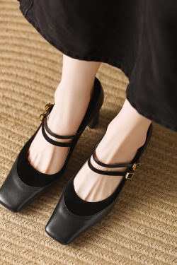 Retro French Style One-Strap Chunky-Heeled Square-Toe Mary Jane Shoes for Women - Versatile Sheepskin High Heels