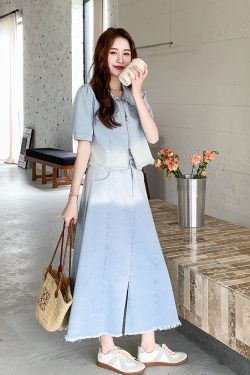 Retro Gradient Denim Suit Dress for Women - Stylish Short Jacket and Skirt Two-Piece Set for Summer 2025, Sweet Cool Vibe