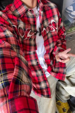 Retro High Street Embroidered Red Plaid Long Sleeve Shirt for Men and Women - Loose Couple Jacket for Spring and Autumn