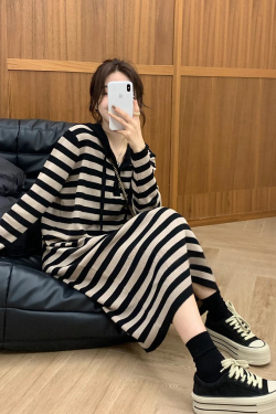 Retro Hooded Knitted Dress for Women - Casual Striped Sweater Dress in French Lazy Style for Autumn and Winter Fashion