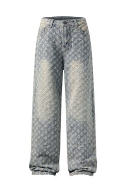 Retro Jacquard Printed Straight-Leg Jeans for Women, High Street Design, Washed Loose Wide-Leg Pants, Y2K Style Fashion