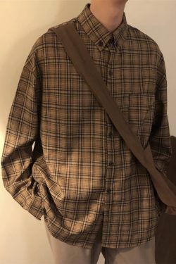 Retro Japanese-Style Coffee Plaid Long Sleeve Shirt for Men & Women - Loose Casual Jacket for Spring & Autumn - Trendy City Boy Fashion