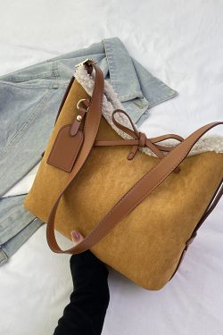 Retro Lamb Wool Tote Bag for Women - 2025 Fashion Bow Bucket Shoulder Crossbody Bag for Spring/Summer