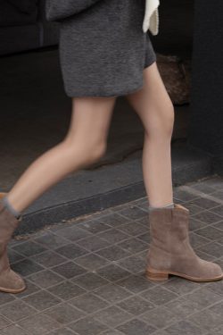 Retro Matte Suede Western Short Boots for Women, Chunky Heel, Round Toe, Slip-On Riding Boots, Trendy Y2K Style