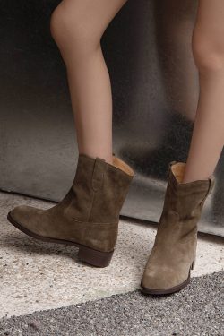 Retro Matte Suede Western Short Boots for Women, Chunky Heel, Round Toe, Slip-On Riding Boots, Trendy Y2K Style