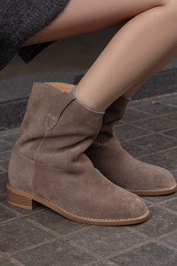 Retro Matte Suede Western Short Boots for Women, Chunky Heel, Round Toe, Slip-On Riding Boots, Trendy Y2K Style