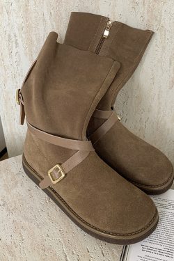 Retro Mid-Calf Flat Suede Leather Riding Boots with Round Toe and Belt Buckle - Versatile Cowboy Style Footwear