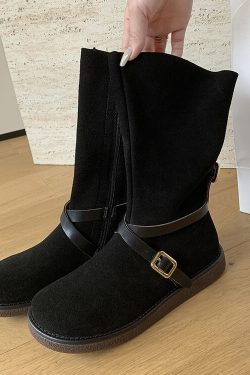 Retro Mid-Calf Flat Suede Leather Riding Boots with Round Toe and Belt Buckle - Versatile Cowboy Style Footwear