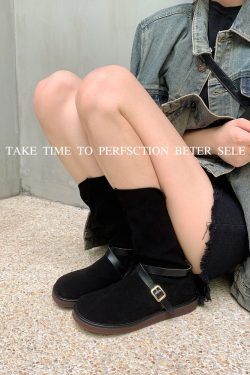 Retro Mid-Calf Flat Suede Leather Riding Boots with Round Toe and Belt Buckle - Versatile Cowboy Style Footwear