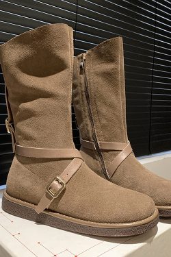 Retro Mid-Calf Flat Suede Leather Riding Boots with Round Toe and Belt Buckle - Versatile Cowboy Style Footwear