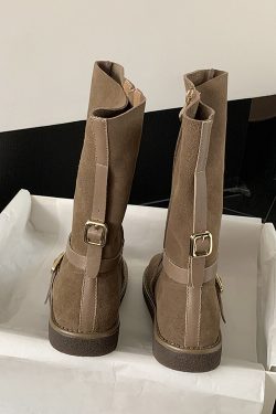 Retro Mid-Calf Flat Suede Leather Riding Boots with Round Toe and Belt Buckle - Versatile Cowboy Style Footwear