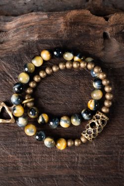Retro Minimalist Double Circle Bracelet for Women with Unique Yellow Tiger Eye Stone Beads - Niche Design Jewelry for Men