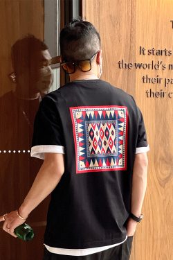 Retro National Style Printed Loose Fit Summer T-Shirt - Trendy Embroidered Casual Men's Short Sleeve Top