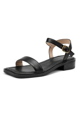 Retro One-Strap Flat Roman Sandals for Women - Summer 2024 Square Toe Open Toe Casual Low Heel Large Size 41-43