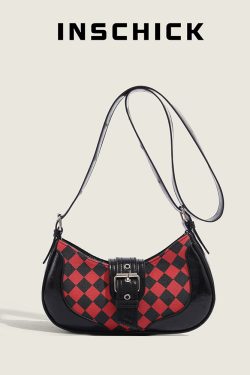 Retro Plaid Patchwork Saddle Bag for Women - Trendy Korean Style Underarm Baguette Crossbody Bag with High-Quality Texture