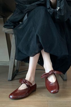 Retro Red Bow Slip-On Mules with Height-Increasing Design - Sheepskin, Perfect for Work, Chic 90s Style Footwear
