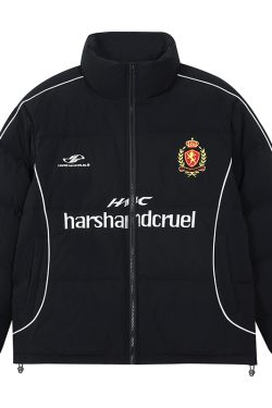 Retro Sports Football Club Embroidered Badge Stand Collar Warm Down Jacket - Vintage Style Outerwear for 90s and Y2K Fashion