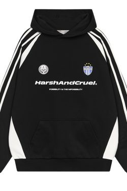 Retro Sports Spliced Hoodie with Harsh Typography Print - Street Style Football-Inspired Design