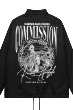 Retro Stamp Character Loose Fit Hip-Hop Coach Jacket for Street Style, 90s Inspired Fashion