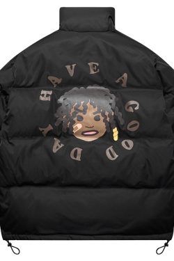 Retro Street Style Hand-Drawn Cartoon Dreadlocks Down Jacket with Foam Stand-Up Collar