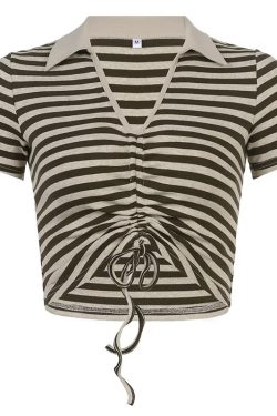 Retro Striped V-Neck Drawstring T-Shirt for Women, Ruched Slim Fit Cropped Top, Y2K Hot Girl Style