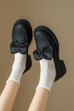 Retro Thick-Soled Slip-On Loafers for Women with Chunky Heels, Bowknot Detail, English Style, Genuine Leather, Spring 2024 Fashion