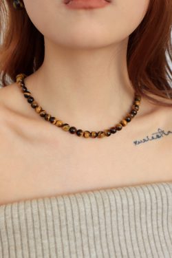 Retro Tiger Eye Stone Bead Necklace for Autumn & Winter, European American Layered Clavicle Chain, Minimalist High-End Jewelry