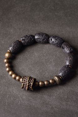 Retro Volcanic Stone and Brass Bead Bracelet for Couples - Casual Black Accessories for Men and Women, Trendy Unique Design