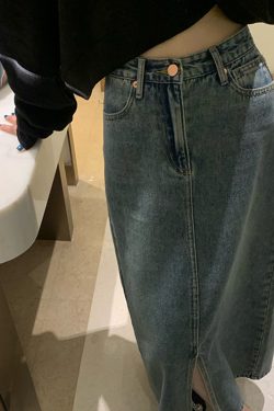 Retro Washed Blue Split Denim Skirt for Women - Versatile Mid-Length High-Waisted Casual Style for Spring and Summer