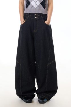 Retro Wide-Leg Black Jeans for Women with Reverse Deconstruction Design - Casual Straight-Leg Pants in Y2K Style