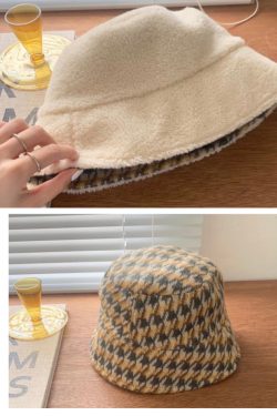 Reversible Milk White Checkered Fisherman's Bucket Hat - Korean Style Winter Accessory for Starry Nights
