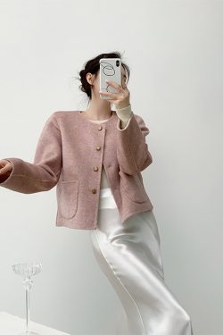 Reversible Wool Double-Faced Short Coat for Women - Purple Pink Milk White, Winter Round Neck, Age-Reducing Style