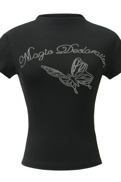 Rhinestone Butterfly High-Neck Short-Sleeve T-Shirt for Women - Slim-Fit Cropped American Style Top for Summer Fashion