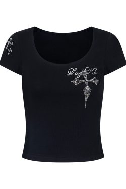 Rhinestone Cross U-Neck Short Sleeve T-Shirt for Women - American Style Spicy Girl Slim Fit Summer Trendy Top
