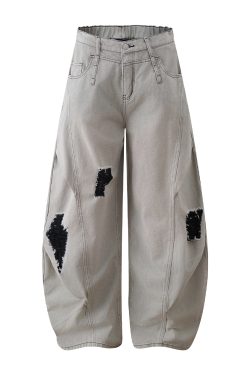 Ripped Wide-Leg Curved Knife Jeans - Sickle American Banana Pants for a Bold 90s Y2K Look