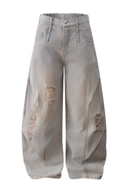 Ripped Wide-Leg Machete Pants with Curved Knife Silhouette - Stylish American Banana Design for Trendy Y2K and Streetwear Looks