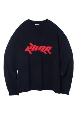 Roaring Beast Black Mixed Yarn Jacquard Logo Sweater - Cozy Knit, Trendy Streetwear, Y2K Fashion