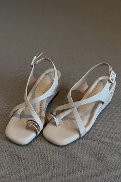 Roman Style Sheepskin Sandals for Summer - Comfortable Cross Strap Design with Metal Toe Caps and Woven Wedge Heels