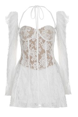Romantic Lace Mini Dress with Square Neck, Sheer Detail, and Waist-Defined Style - Perfect for Y2K and 90s Inspired Looks