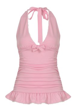 Rose Pink V-Neck Halter Top with Ruffle Hem - Waist-Cinching Slim-Fit Versatile Style for Y2K and 90s Inspired Outfits