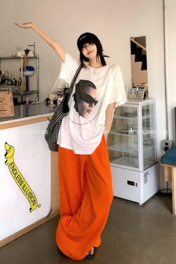 Round Neck Loose Short Sleeve T-Shirt in Orange with Design Print & High Waist Slimming Casual Pants for Women - Y2K Style