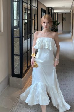 Ruffled Strapless Dress in Korean Celebrity Style, Sweet Atmosphere, Large Skirt for Vacation Photo Shoot, Perfect Y2K Fashion