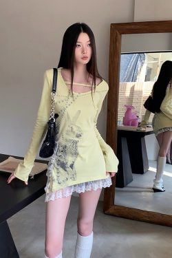 Self-Cultivation Elastic Lace Splicing Pearl Beaded Rabbit Print Long Sleeve Top - Chic Y2K Style